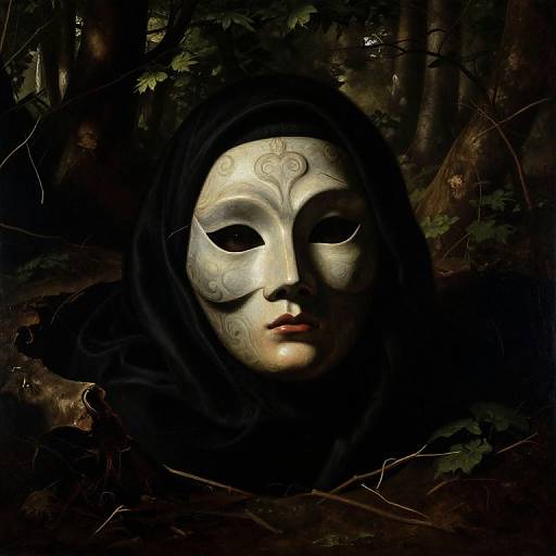 Mysterious white mask with ornate design, black hood, and dark forest background, partially illuminated, evoking a mystical, eerie atmosphere.