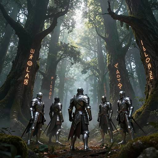 Digital fantasy artwork of five armored warriors with glowing runes standing in a misty, sunlit forest, surrounded by towering trees.