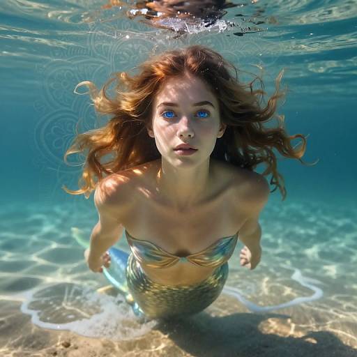 Photograph of a beautiful, blue-eyed, red-haired mermaid with flowing hair, underwater, holding a blue spear, with sunlight filtering through clear water