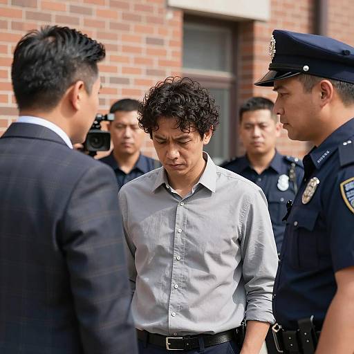 Man in Gray Shirt Surrounded by Police Outside Building