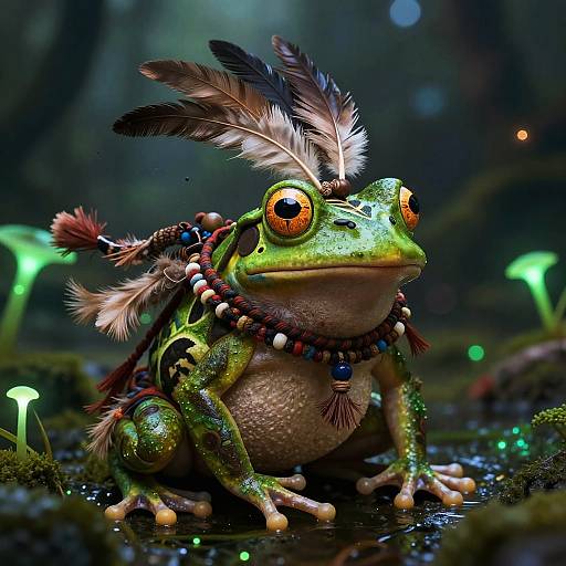 Digital artwork of a green frog with large orange eyes, wearing feather and bead Native American-style headgear, sitting in a mystical, forest-like setting with