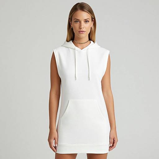 Photograph of a young woman with straight, shoulder-length brown hair, wearing a sleeveless, white, hooded mini-dress and a gold necklace