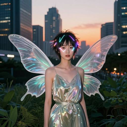 Photograph of an Asian woman with black, neon-streaked hair, wearing a silver dress and iridescent fairy wings, standing in a city