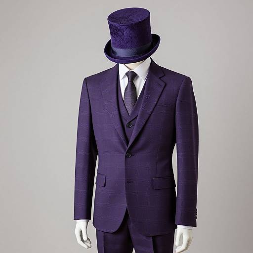 Photograph of a headless mannequin in a dark purple checkered suit, white dress shirt, black tie, and matching top hat.