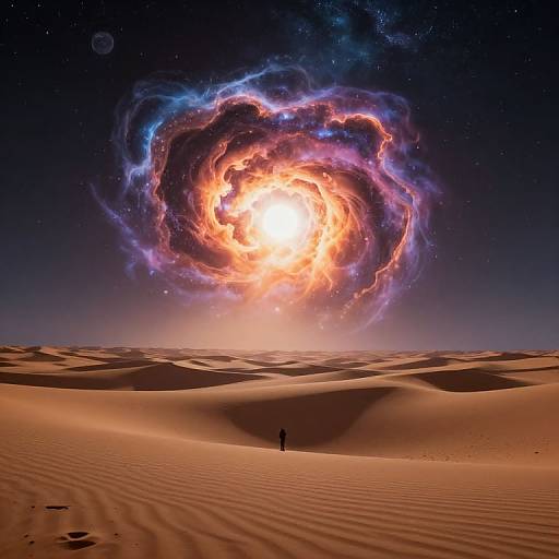 Photorealistic digital artwork of a lone figure standing in a vast desert, with a glowing, cosmic, swirling vortex in the night sky above.