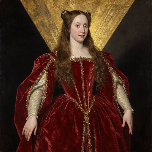 Renaissance portrait of a fair-skinned woman with long brown hair, wearing a rich red velvet gown with gold trim, standing against a black background