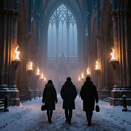 Photograph: Silhouetted figures in winter coats walk through a snow-covered, gothic cathedral aisle, flanked by torches, with mist