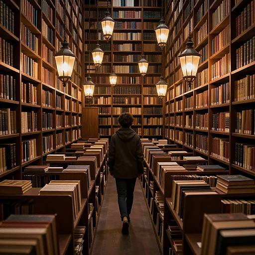 Photograph of a dimly lit library aisle, featuring a person in a dark hoodie walking away from the camera, surrounded by rows of bookshelves