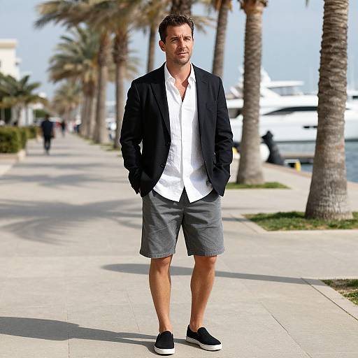 Photograph of a handsome, bearded man in a black blazer, white shirt, gray shorts, and black sneakers, standing on a sunny palm