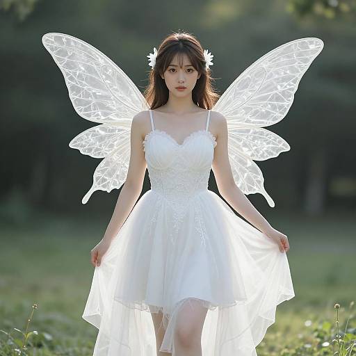 Photograph of a young Asian woman with long brown hair, wearing a white dress and glowing transparent fairy wings, standing in a sunlit forest.
