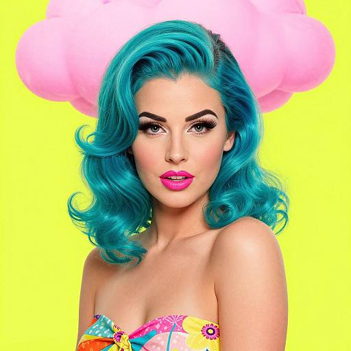 Bright photograph of a woman with vibrant blue curly hair, pink lipstick, and colorful strapless top against a bold yellow background.