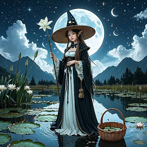 Fantasy Witch in Moonlit Night