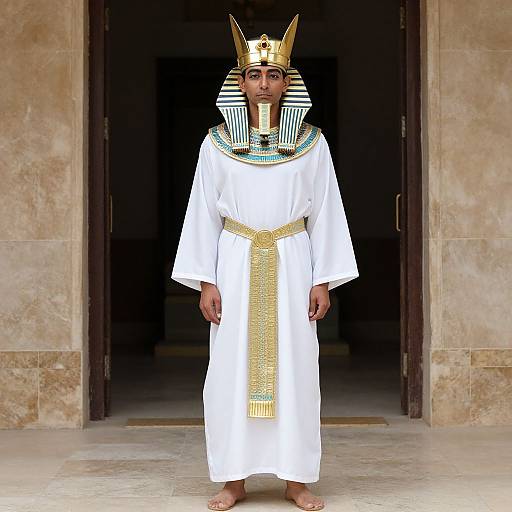 Photograph of a man in ancient Egyptian attire: white robe, gold sash, striped collar, golden headdress, standing in a stone doorway.