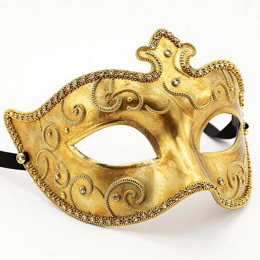 Golden masquerade mask with intricate swirls, embellished with tiny gold beads, and black ribbon ties, photographed against a white background.