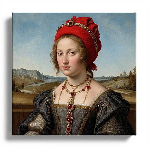 Renaissance portrait of a fair-skinned woman in a red hat with gold trim, wearing a dark, embroidered gown and red jewel necklace, set