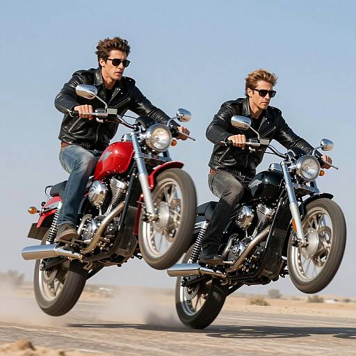 Two Men Performing Motorcycle Stunts Mid-Air