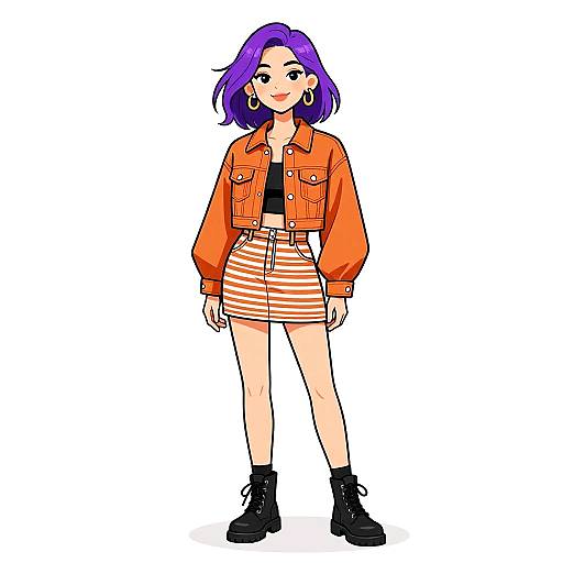 Digital anime-style drawing of a purple-haired girl in an orange jacket, striped mini skirt, black top, hoop earrings, and black boots.