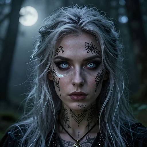 Photorealistic digital portrait of a pale-skinned woman with wild silver hair, blue eyes, and intricate black tattoos on her face and neck, standing
