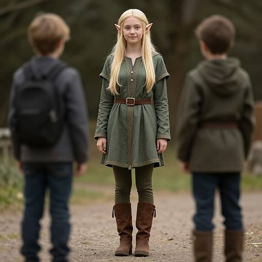 Photograph of a young blonde elf girl with pointed ears, green dress, brown boots, and belt, standing on a forest path facing two blurred children