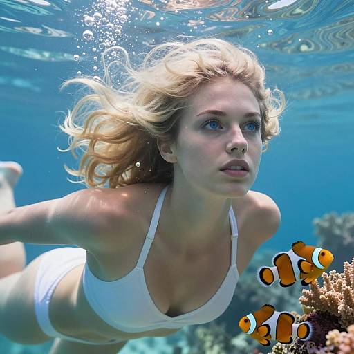 Blonde Woman Swimming Underwater with Clownfish