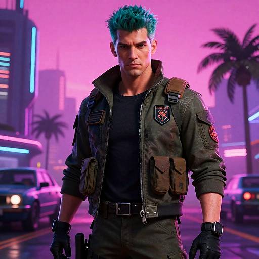Cyberpunk-style digital artwork of a muscular man with turquoise spiky hair, wearing a black tactical jacket, black shirt, and gloves, standing on