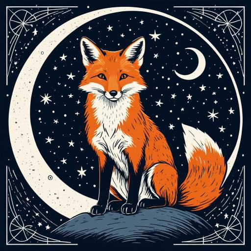 Fox Sitting Under Crescent Moon and Stars