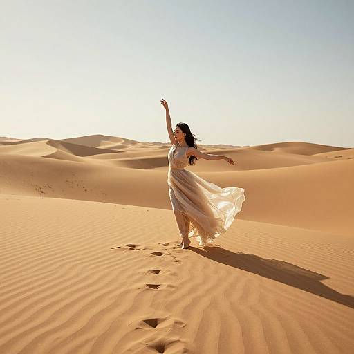 Photograph of a woman with long dark hair, wearing a flowing white dress, dancing joyfully in a sunlit desert with golden sand dunes and