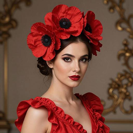 Elegant Woman with Red Poppy Headpiece