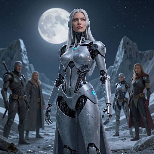 CGI image of a silver robotic woman with long white hair, glowing blue accents, standing in a snowy, moonlit mountain landscape, surrounded by armored