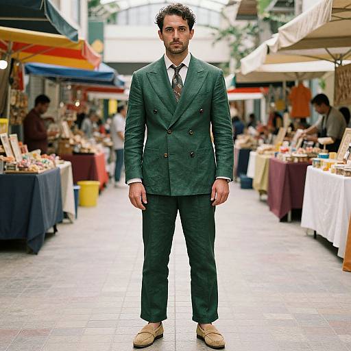Photograph of a handsome man with dark curly hair, beard, wearing a green double-breasted suit, white shirt, black tie, beige loafers