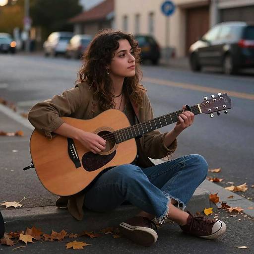 Photograph of a curly-haired woman in a brown jacket and blue jeans, sitting on an urban street, playing an acoustic guitar with scattered autumn leaves around