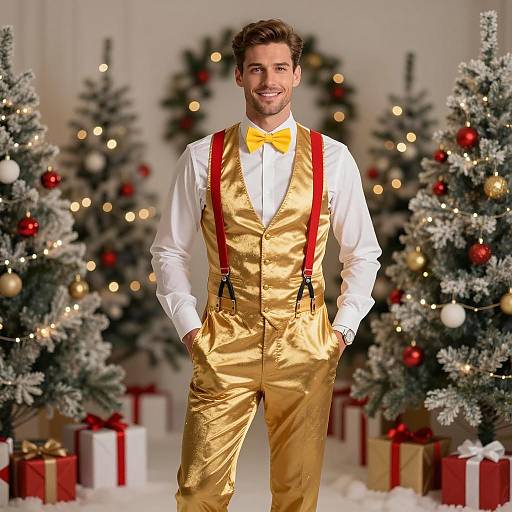 Man in Festive Gold Outfit at Christmas Party