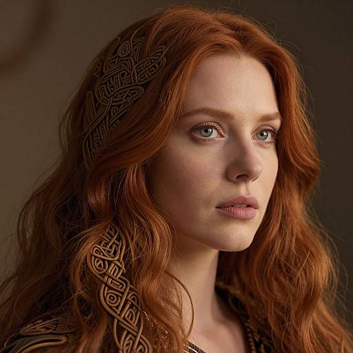 Photograph of a fair-skinned woman with long, wavy red hair, wearing a patterned headscarf, looking pensively to the side