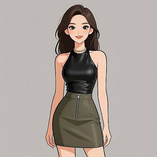 Anime-style digital drawing of a smiling woman with long brown hair, wearing a black sleeveless leather top and a high-waisted black leather skirt with
