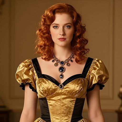 Photograph of a fair-skinned woman with curly red hair, wearing a gold and black Renaissance-style dress with puffed sleeves, and a jeweled