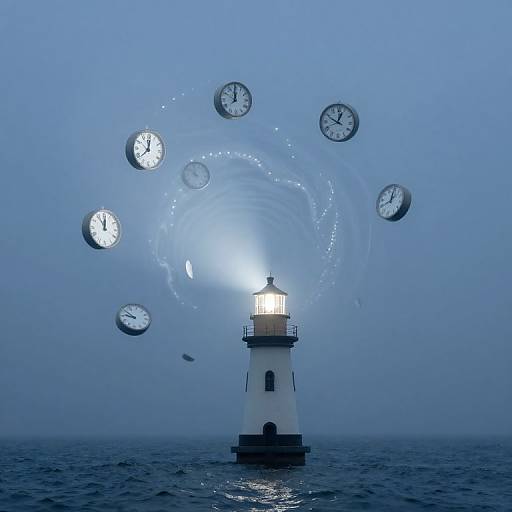 Photograph of a white lighthouse with glowing light, surrounded by floating clocks in a blue, misty sea, creating a surreal time-warp effect
