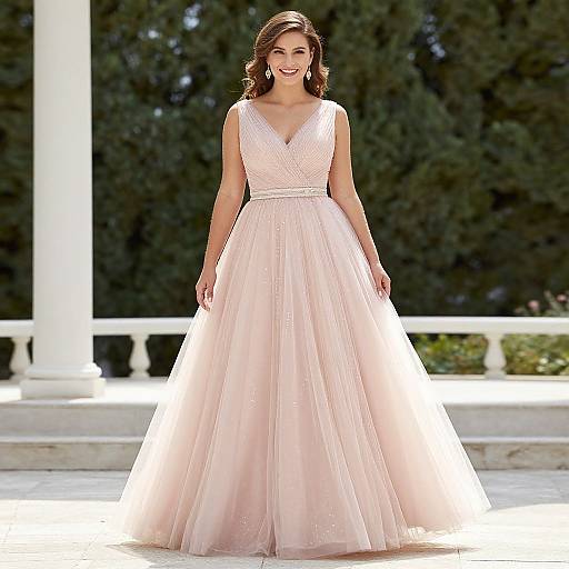 Photograph of a smiling woman in a sleeveless, V-neck, pale pink tulle ball gown, standing outdoors on sunlit steps with green trees
