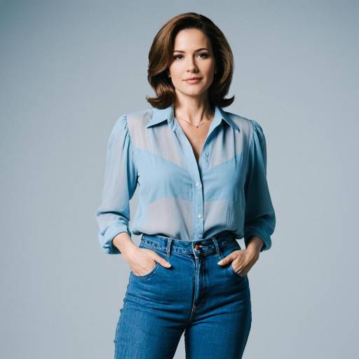 Confident Woman in Light Blue Blouse and Jeans