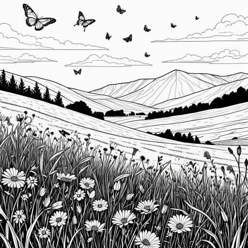 Line Art Meadow with Wildflowers and Butterflies