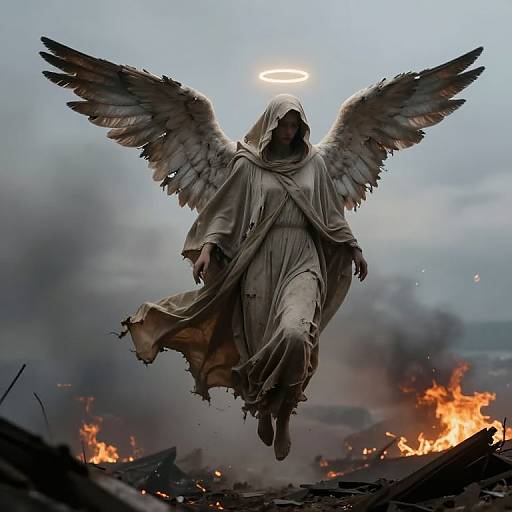 Photograph of a winged, hooded angel in tattered robes, with a glowing halo, soaring above a burning, war-torn landscape.