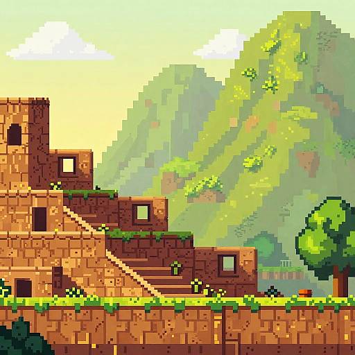 Pixel art of a sunlit, brick ruins with square windows, set against green, pixelated mountains and a small tree in the foreground.