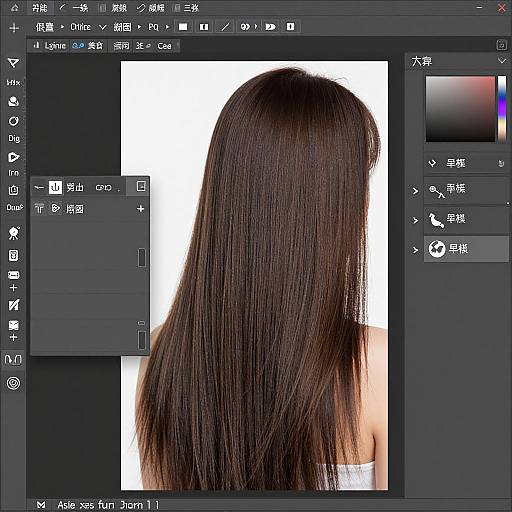Photograph of a long, straight, dark brown hair displayed in a photo editing software interface with Japanese text and toolbar.