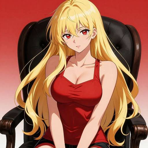 Digital anime-style drawing of a blonde woman with long hair, red eyes, and large breasts, wearing a red tank top, sitting in a black leather