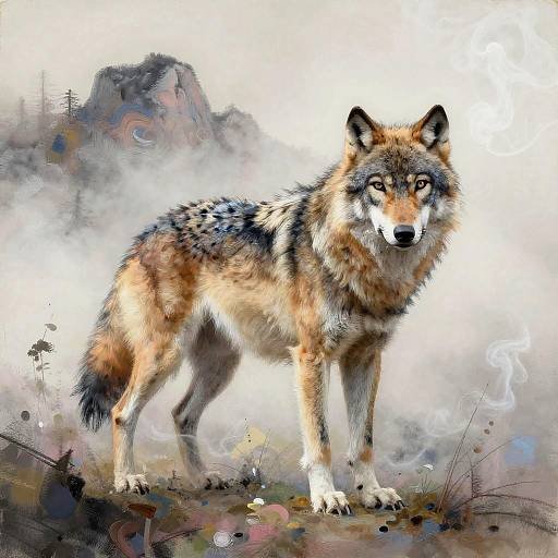 Digital painting of a realistic, alert gray wolf with vivid orange and black fur, standing on a misty, abstract landscape background.