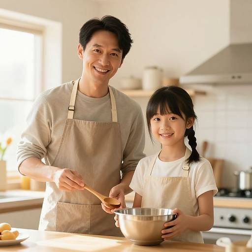 Photograph of smiling Asian man and young girl in beige aprons, baking together in bright, modern kitchen with wooden countertops.