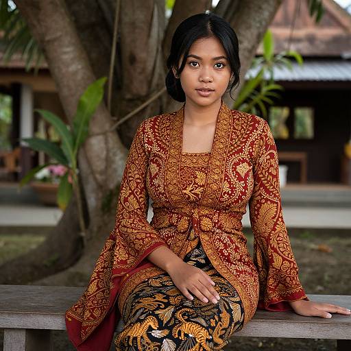 Photograph of an Asian woman with dark hair, wearing an ornate red and gold traditional dress, sitting on a wooden bench against a tropical backdrop with