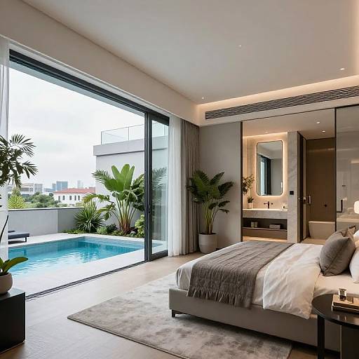 Modern bedroom photograph with large glass doors opening to a blue pool, potted plants, white and gray bedding, and a sleek bathroom.