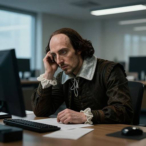 Photograph of a disheveled man with long brown hair, wearing a dark Victorian-style shirt with white cuffs, sitting at an office desk, staring