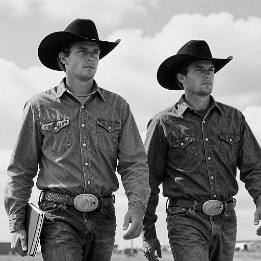 Intense Cowboys Walk Beneath Cloudy Sky