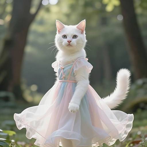 Photograph of a white kitten with blue eyes, wearing a pastel pink and blue, ruffled, flowing dress, standing in a sunlit forest